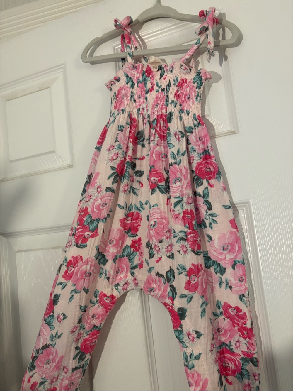 Pink Floral Smocked Girls Romper Jumpsuit with Tie Straps
